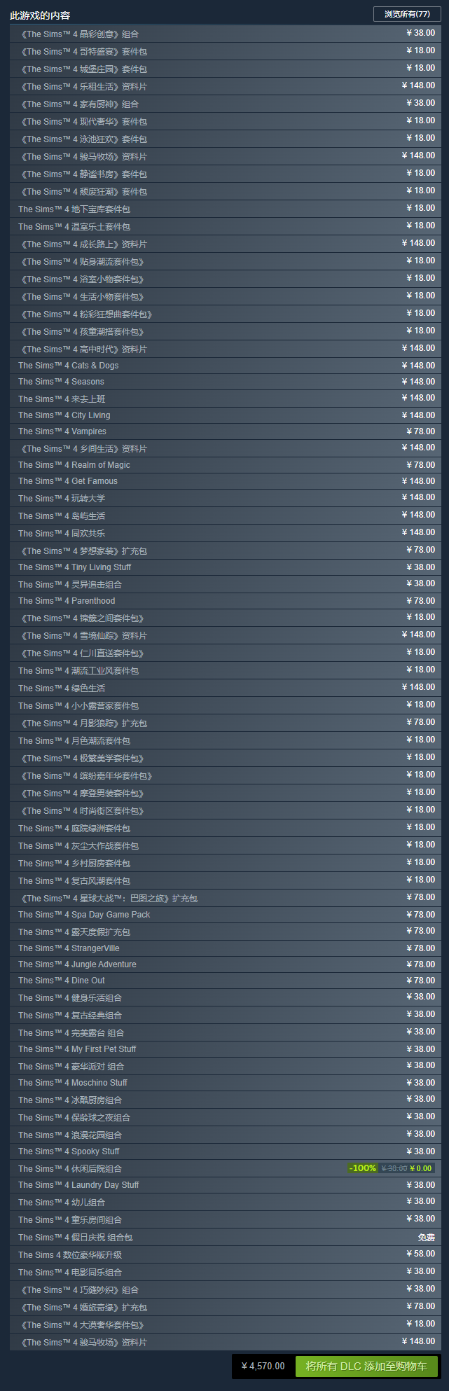 《模拟人生4》Steam各DLC国区售价永降