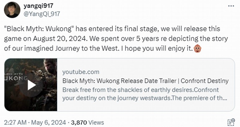 《黑神话：悟空》主美杨奇发推文表示游戏已进入最后阶段