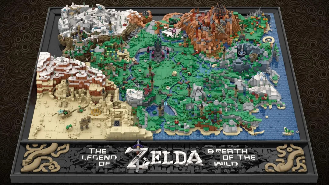 玩家利用乐高积木搭建《塞尔达传说：旷野之息》颇海拉鲁王国的全貌地图