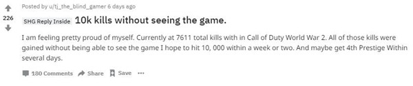 《使命召唤14：二战》盲人玩家线上模式获得7600次击杀