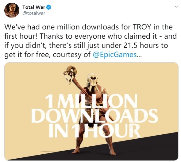 《全面战争传奇：特洛伊》EPIC免费上线1小时下载量超100万份